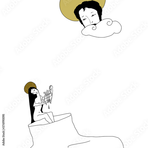 Salome and John the Baptist. Two separated saint lovers. Male and female archetypes. His head in the clouds. She plays music in his beheaded corpse. Lamentation of dead love. Original style art.	