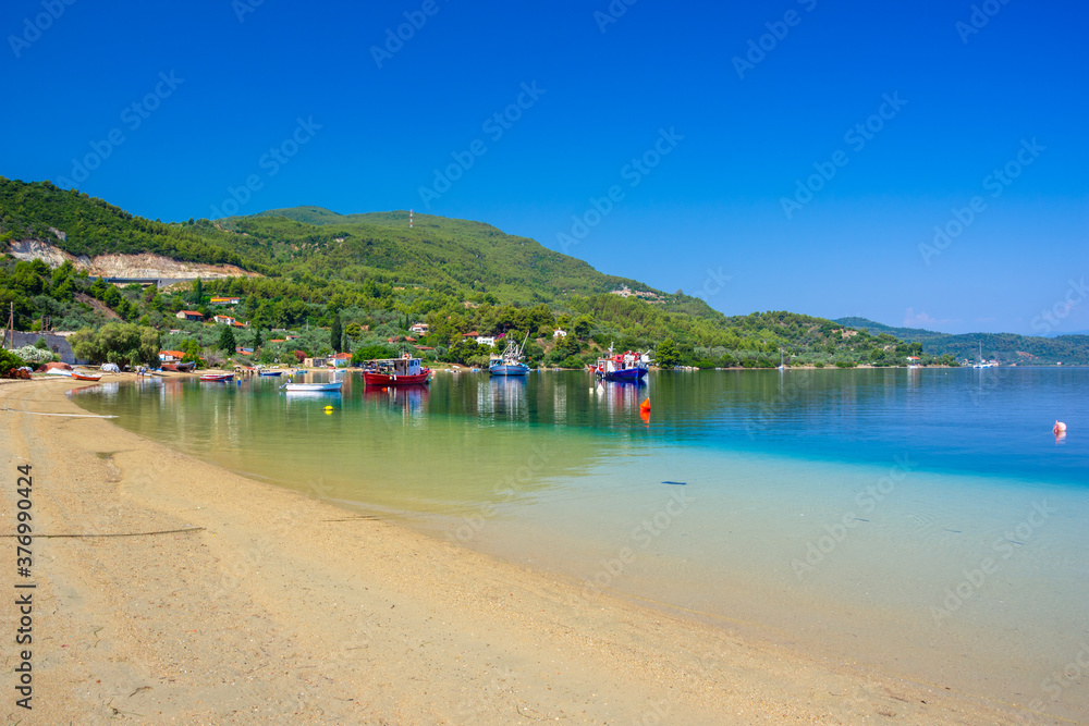 Scenic view of the beach and old harbor of Gialtra, in North Euboea (Evia), Greece.