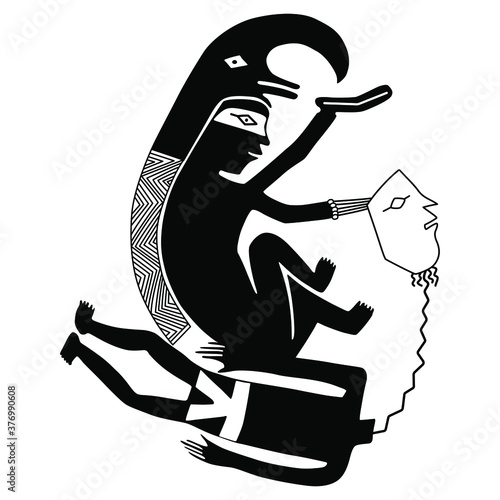 Native American tribal motif. Mimbres pottery. Decapitation of captive. Scene of sacrifice. Black and white silhouette.