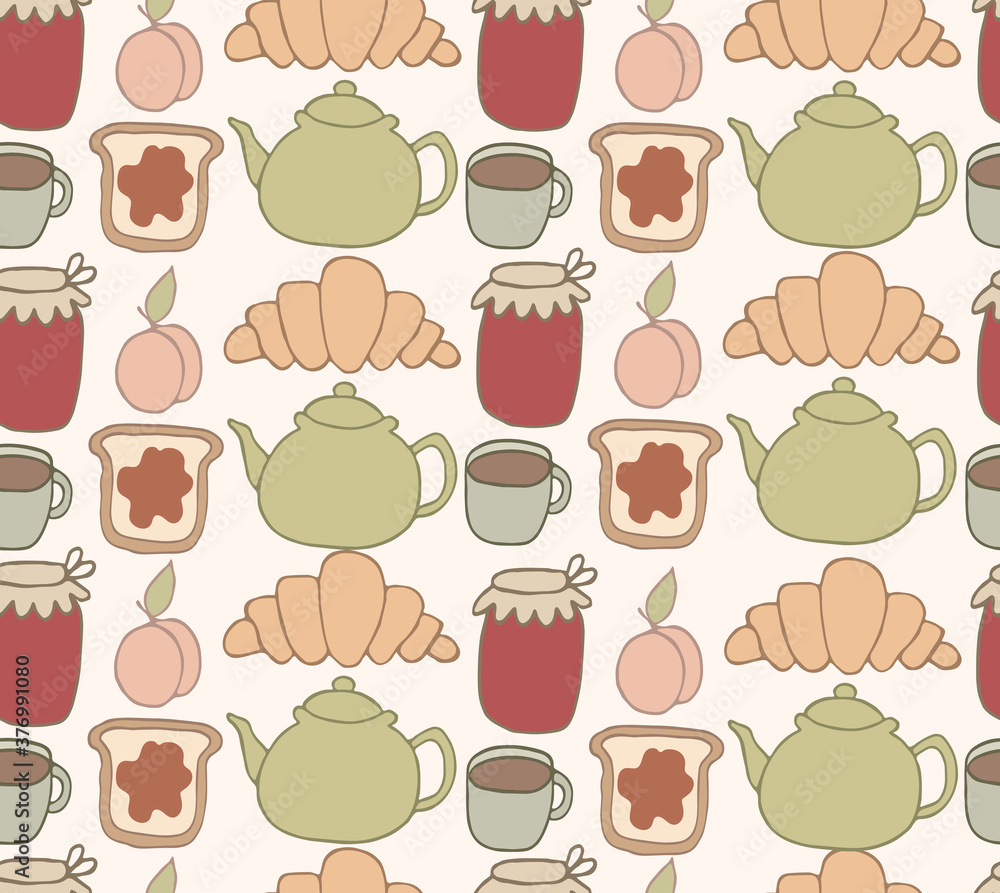 Tea party pattern. Hand drawn doodle Tea time set. Vector illustration. Isolated drink symbols collection. Kettle, cup, croissant, jam, toast with jam icons. Tea party pattern. Hand drawn doodle Tea time set. Vector illustration. Isolated drink symbols collection. Kettle, cup, croissant, jam, toast with jam icons.