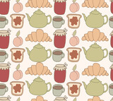 Tea party pattern. Hand drawn doodle Tea time set. Vector illustration. Isolated drink symbols collection. Kettle, cup, croissant, jam, toast with jam icons.