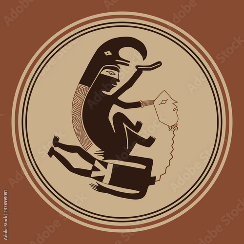 Native American tribal motif. Mimbres pottery. Decapitation of captive. Scene of sacrifice. Monochrome silhouette.	
