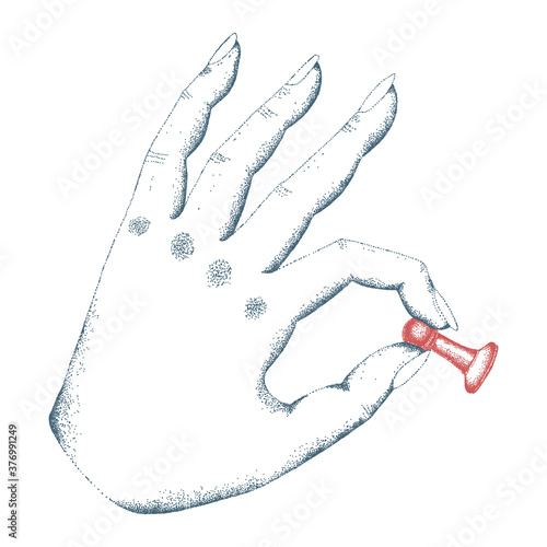 Vector illustration of a hand holding a chess piece - pawn. illustration in Blue and red colors isolated on white background. Pointillism style.
