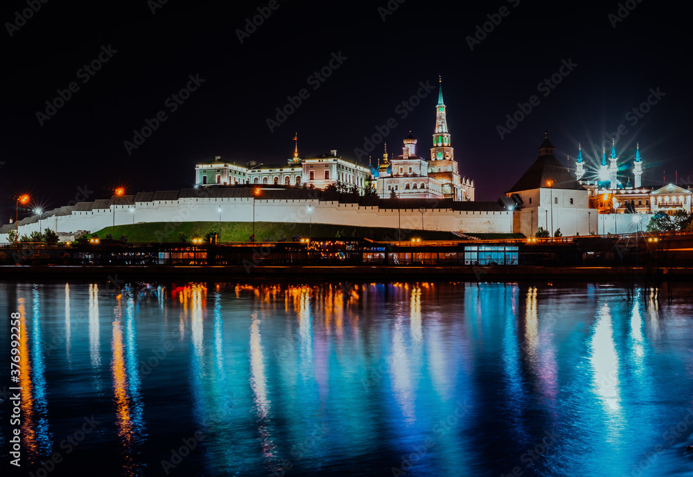Kazan Kremlin. Night view from the river with reflection. Kazan, Russia.
