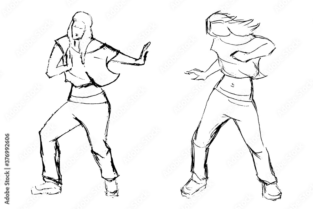 Fototapeta premium Vector image of two girls dancing modern dance. Rough sketch. Black lines on a white background.