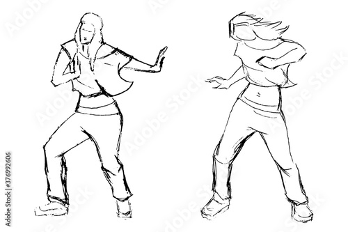 Vector image of two girls dancing modern dance. Rough sketch. Black lines on a white background. © Tanya