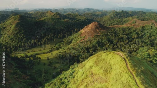 Sun burned grass hills top aerial: mount with burnt grassy peak at yellow ochra colours. Epic nature reserve concept of tropic summer wildfire at Mayon volcano, Legazpi city, Albay, Philippines photo