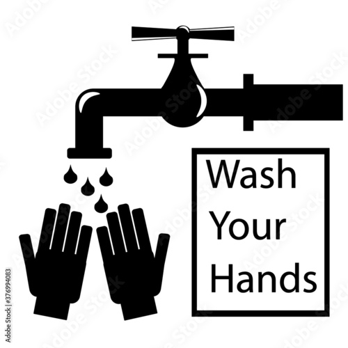 black and white illustration of a tap with flowing water on your hands and the words "wash your hands"