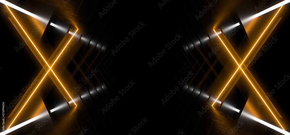 Fototapeta premium A dark corridor lit by colorful neon lights. Reflections on the floor and walls. 3d rendering image.