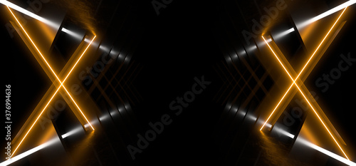 Fototapeta Naklejka Na Ścianę i Meble -  A dark corridor lit by colorful neon lights. Reflections on the floor and walls. 3d rendering image.