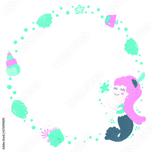 Cute round frame for text from a stylized cartoon cute little mermaid girl catching a starfish, fishes and bubbles in blue colors on a white background. Isolated blank template, design element. Vector