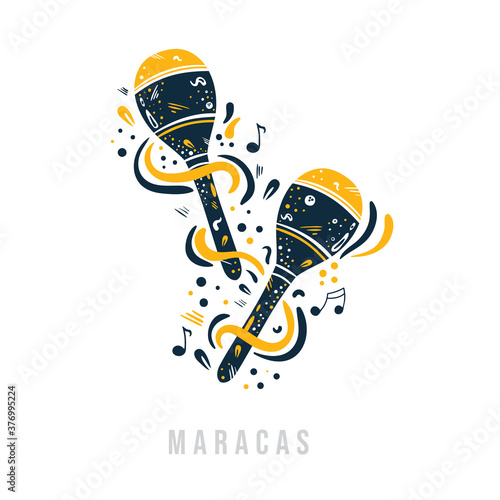 Hand drawn maracas or rumba shaker  with notes, ribbons and dots around it.Creative design of  traditional  Latin musical instrument. Can be used for poster,t-shirt, music festival banner,cover,logo. 