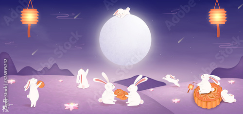 Happy Mid autumn festival. Chinese translation: Mid Autumn Festival. Chinese Mid Autumn Festival design template for Banner, flyer, greeting card, poster with full moon, moon rabbits, lotus flower.