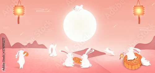 Happy Mid autumn festival. Chinese translation: Mid Autumn Festival. Chinese Mid Autumn Festival design template for Banner, flyer, greeting card, poster with full moon, moon rabbits, lotus flower.