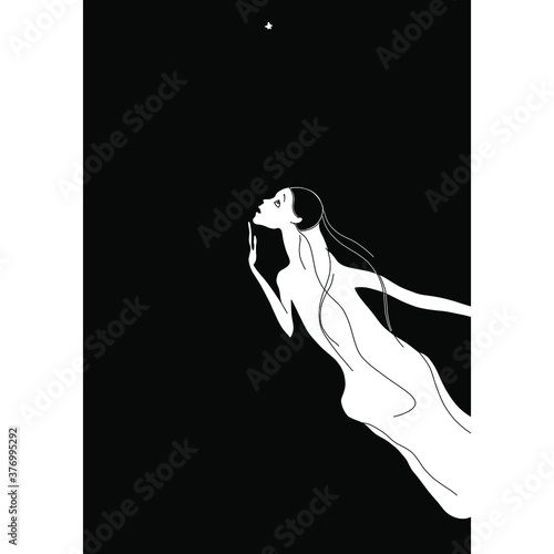 Fantastic art. Beautiful flying girl looking at lonely star. Black and white silhouette.