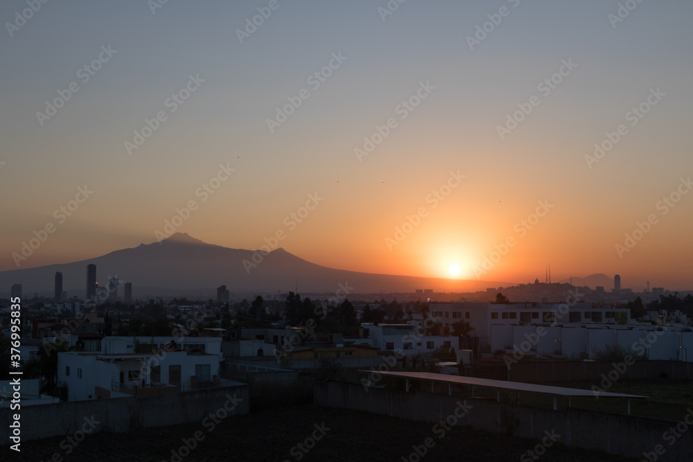 City of Puebla with malinche mountain at sunrise