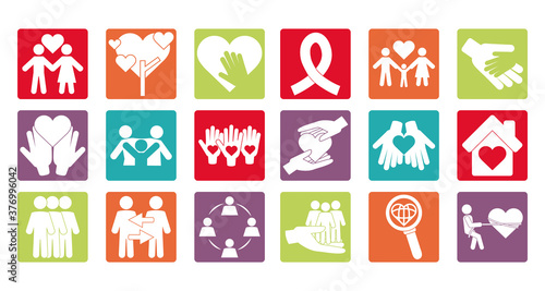 together, team relation friendly connection social color block icons set