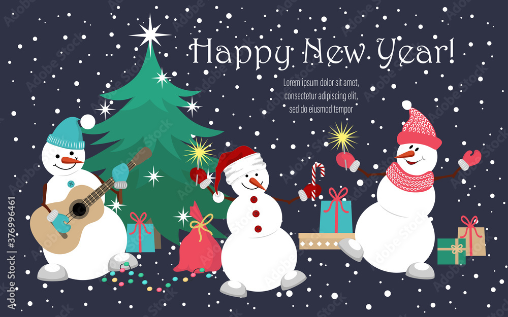 Cheerful snowmen are dancing near the Christmas tree. Vector New Year's image. Background for covers, banners, flyers, splash screens.