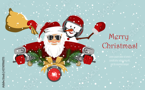 Santa Claus and a cheerful snowman are riding a motorcycle. Background for covers, banners, flyers, splash screens. Merry Christmas.