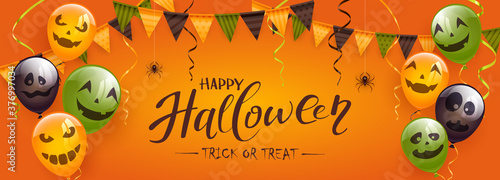 Halloween Balloons with Spiders and Pennants on Orange Background
