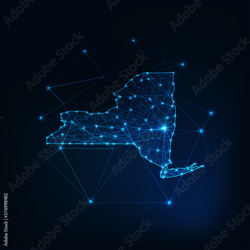 New York state USA map glowing silhouette made of stars lines dots triangles, low polygonal shapes.