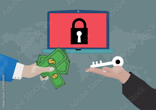 Hand holding money for paying the key from hacker.Ransomware, malware, virus, extortion,data,lock.Vector concept Computer security and technology.