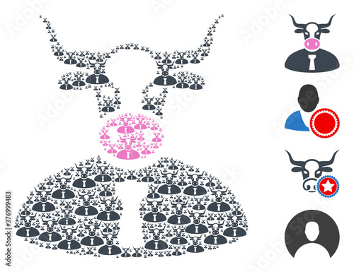 Vector cow boss composition is constructed with random recursive cow boss icons. Recursive collage for cow boss. Some other icons are present in this vector.