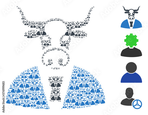 Vector cow man mosaic is formed with randomized recursive cow man icons. Recursive composition from cow man. Some other icons are present in this vector.