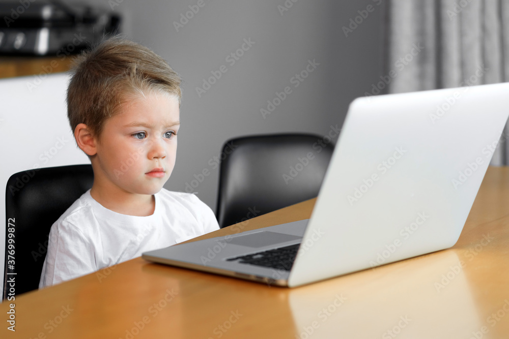 A young boy using a laptop computer sitting on top of a tableundefined at home A young boy using a laptop computer sitting on top of a tableundefined at home