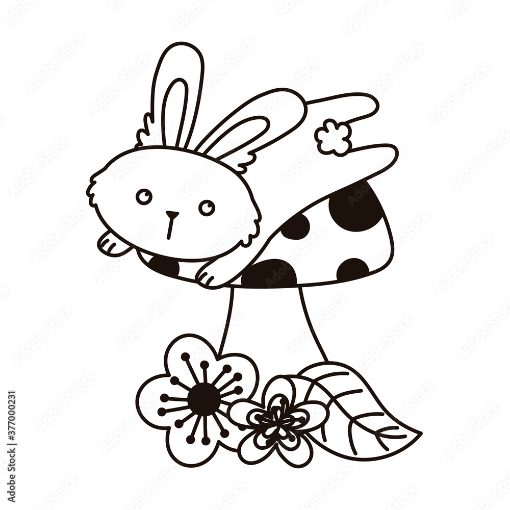 cute bunny jumping mushroom and flowers autumn season isolated icon line style cute bunny jumping mushroom and flowers autumn season isolated icon line style