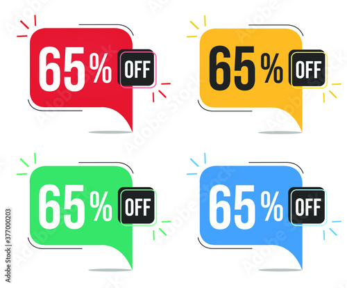 65% off. Red, yellow, green and blue tags with sixty-five percent discount. Banner with four colorful balloons with special offers vector.