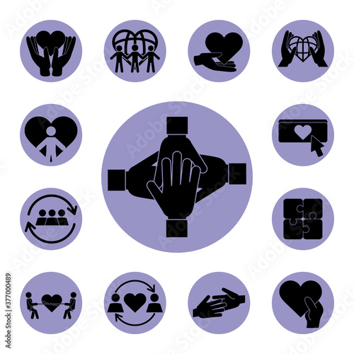 together, team relation friendly charity social block icons set