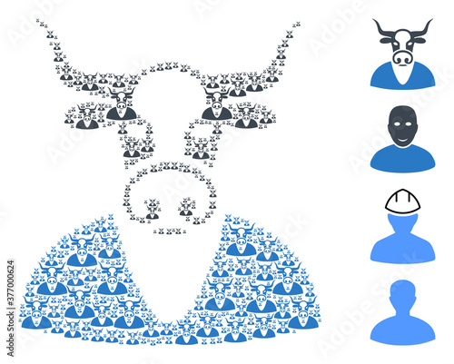 Vector cow boy composition is created of repeating recursive cow boy icons. Recursion combination of cow boy. Some other icons are present in this vector.