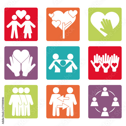 together, team relation friendly unity social icons set