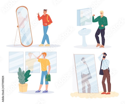 Narcissistic man posing front of mirror isolated set. Teenager student, athletic male person, hipster guy, businessman office worker looking at glass reflection enjoy trendy outfit fashion style