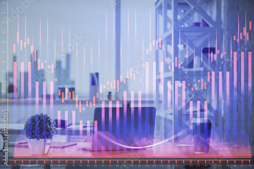 Double exposure of stock market graph drawing and office interior background. Concept of financial analysis. © peshkova