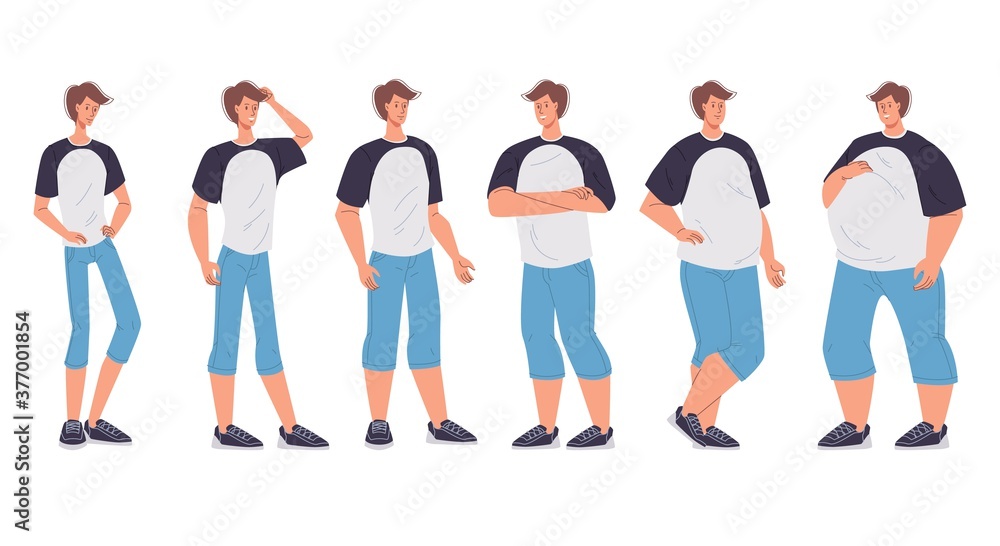 Male character body figure change form underweight slim to oversized extremely morbidly obese. Man having different body mass index, shape, weight, standing in row. Obesity degree. Dieting effect