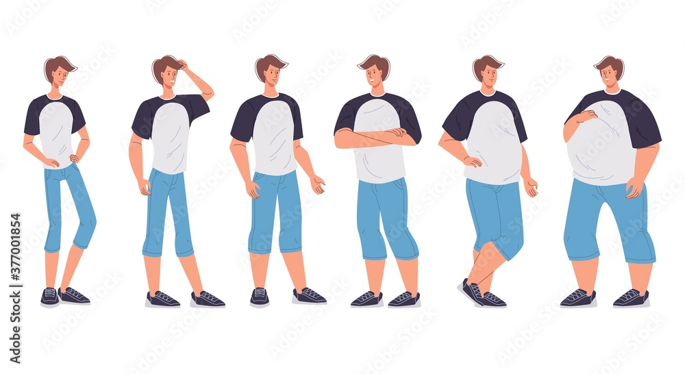 Male character body figure change form underweight slim to oversized extremely morbidly obese. Man having different body mass index, shape, weight, standing in row. Obesity degree. Dieting effect Male character body figure change form underweight slim to oversized extremely morbidly obese. Man having different body mass index, shape, weight, standing in row. Obesity degree. Dieting effect