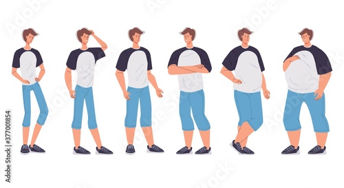 Male character body figure change form underweight slim to oversized extremely morbidly obese. Man having different body mass index, shape, weight, standing in row. Obesity degree. Dieting effect photo