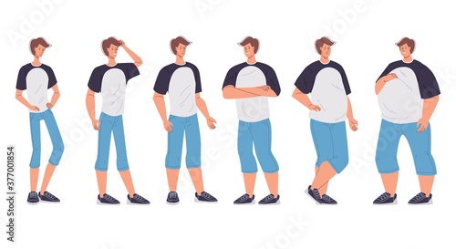Male character body figure change form underweight slim to oversized extremely morbidly obese. Man having different body mass index, shape, weight, standing in row. Obesity degree. Dieting effect
