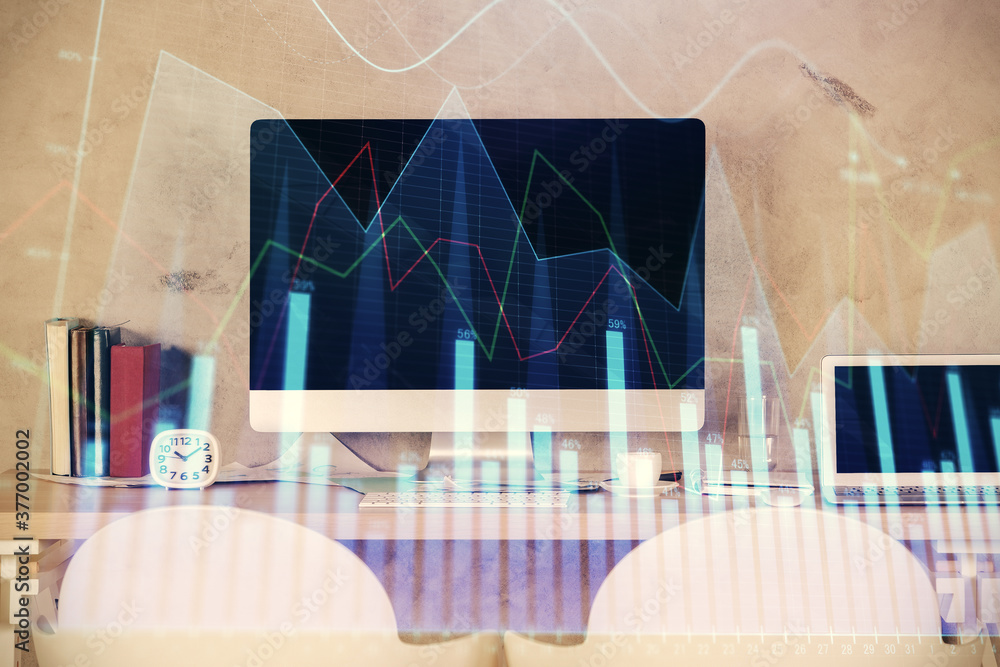 Multi exposure of stock market chart drawing and office interior background. Concept of financial analysis. Multi exposure of stock market chart drawing and office interior background. Concept of financial analysis.