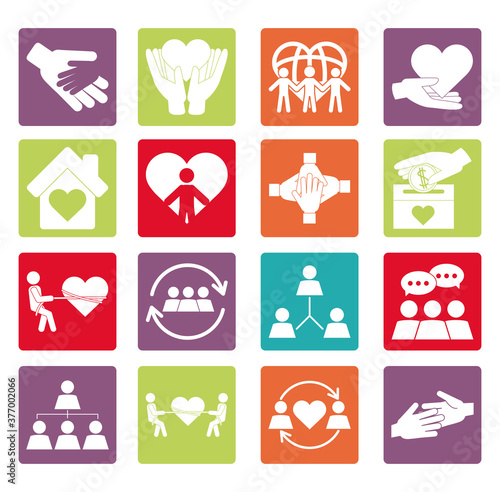 together, community relation friendly unity social icons color set