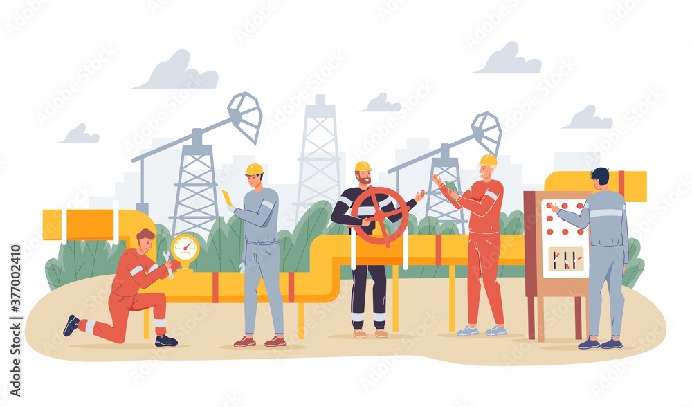 Oil gas industry concept. People oilman worker wearing overalls engaged in gasoline pipe steel construction welding, servicing. Production line petrol refinery maintenance. Pipeline surveillance
