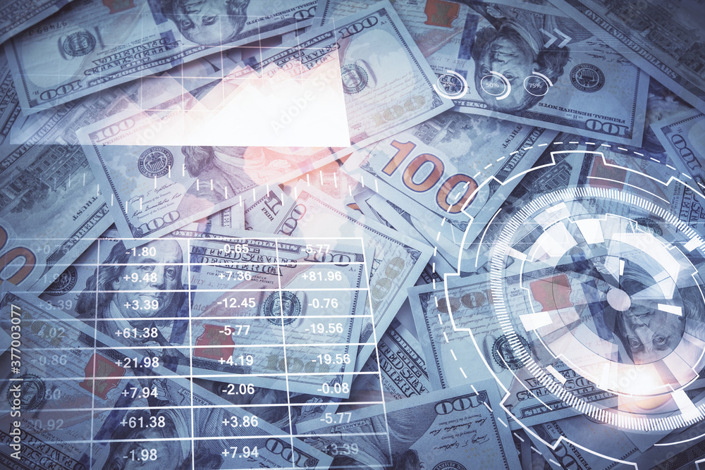 Double exposure of forex graph drawing over us dollars bill background. Concept of financial markets. Double exposure of forex graph drawing over us dollars bill background. Concept of financial markets.