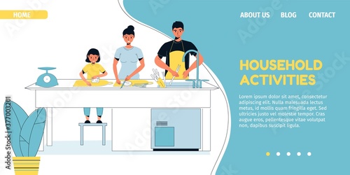 Family household activity on kitchen. Young father, mother, little daughter child engaged in dinner preparation. Cooking together on weekend. Daily life entertainment. Landing page layout