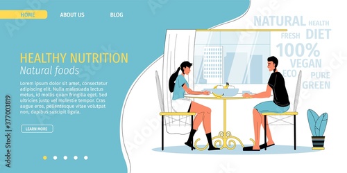 Family couple enjoy fresh fruit vegetable eco product on vegetarian breakfast at home or restaurant. Happy loving man woman eating meal at kitchen table. Proper healthy nutrition landing page