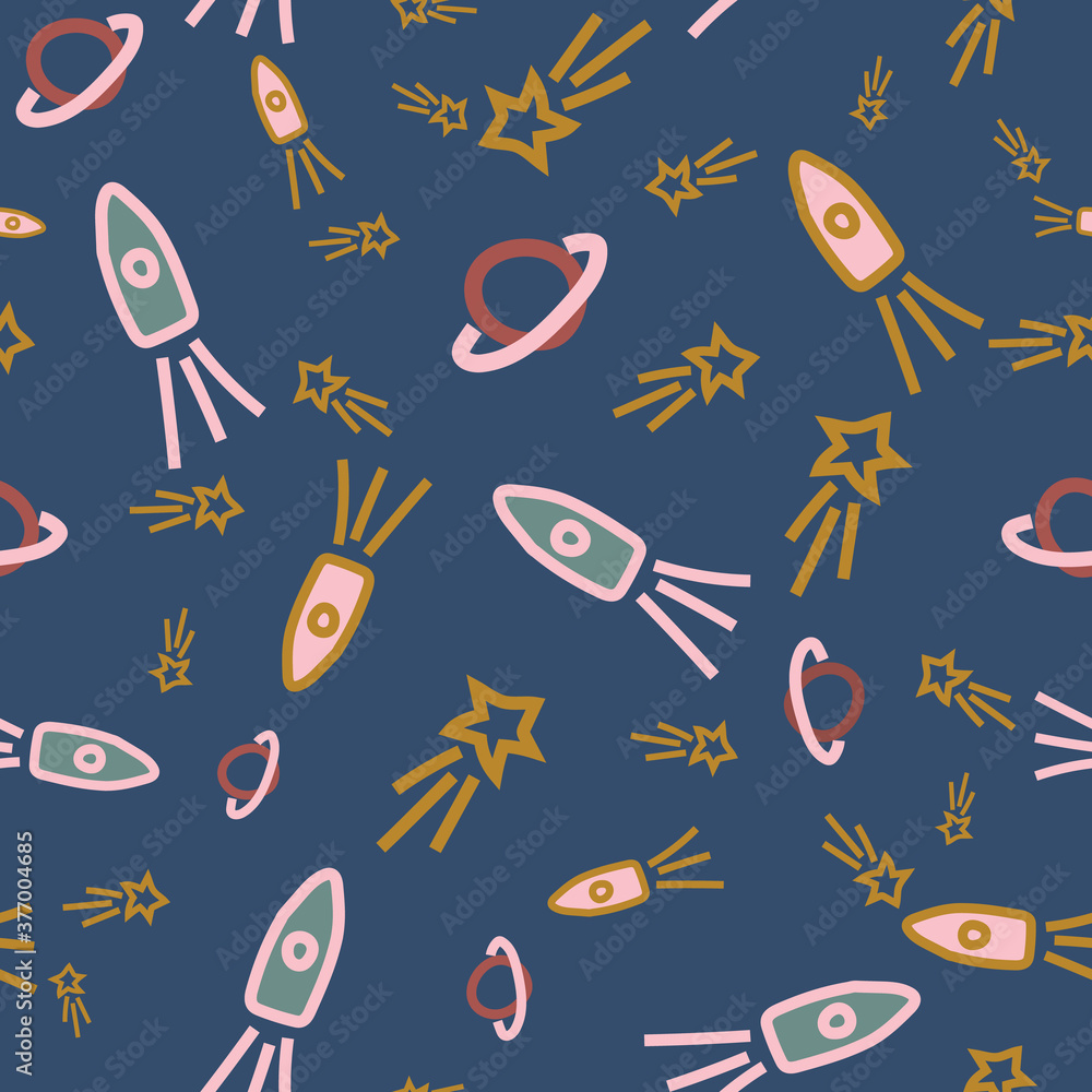 Rockets, comets, and planets seamless vector pattern. Doodle surface print design for fabrics, stationery, scrapbook paper, gift wrap, and packaging. Rockets, comets, and planets seamless vector pattern. Doodle surface print design for fabrics, stationery, scrapbook paper, gift wrap, and packaging.