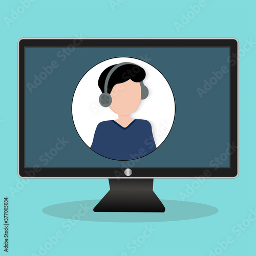 Video call on the monitor screen image of a man in headphones. Internet communication. Conversation of two subscribers via video communication, online training at home. Vector image.