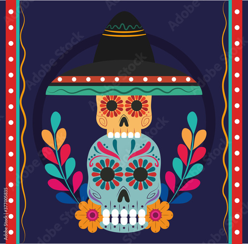 mexican independence day, traditional catrinas skull with flowers and hat, celebrated on september