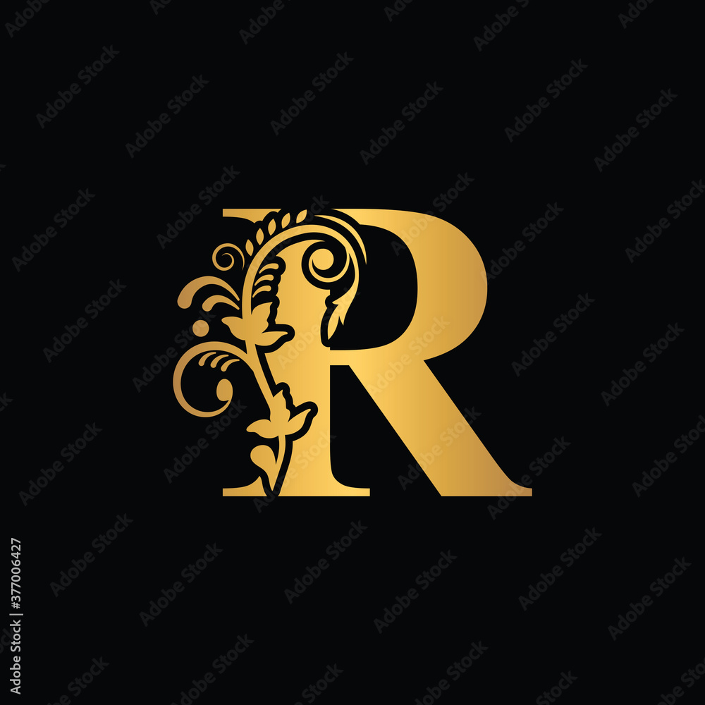 Gold letter R Vintage golden flower ornament initial letters.  Alphabet. Logo vector 